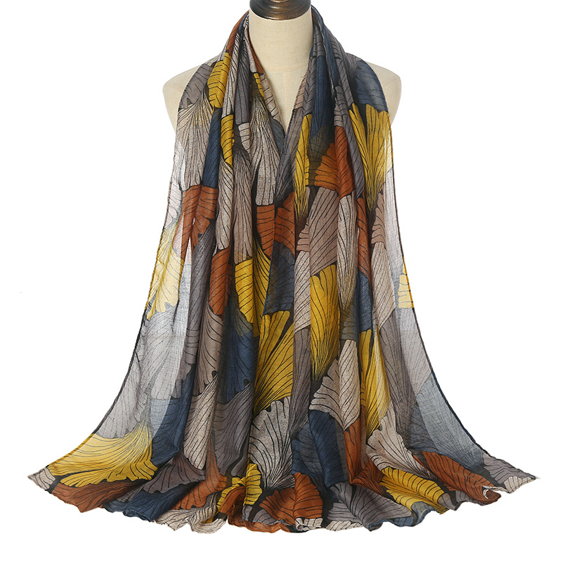 2026 printemps mode Ginkgo Biloba Flroal Viscose écharpe dame imprimer Voile châles et enveloppes Pashmina Foulards musulman Hijab 180*80Cm