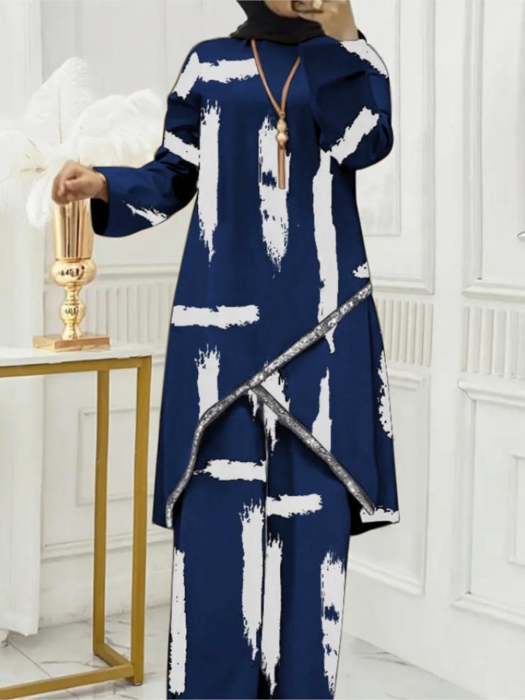 Ensemble Robe et Pantalon Large à Manches Longues Deux Pièces pour Femme Musulmane, Couleur Unie, Style Décontracté, Sportswear Tendance 2026
