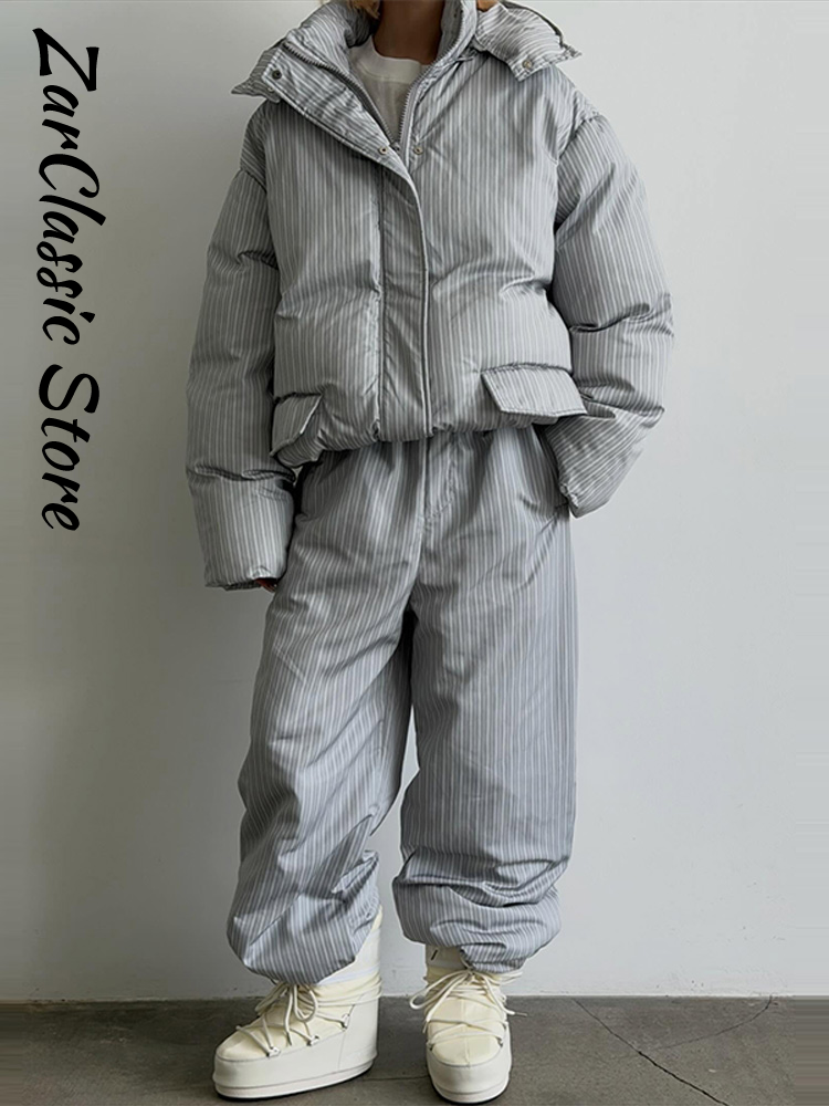 Ensemble décontracté pour femme : Manteau rembourré en coton à rayures, veste à capuche zippée à manches longues et pantalon à taille élastique – Collection Hiver 2026