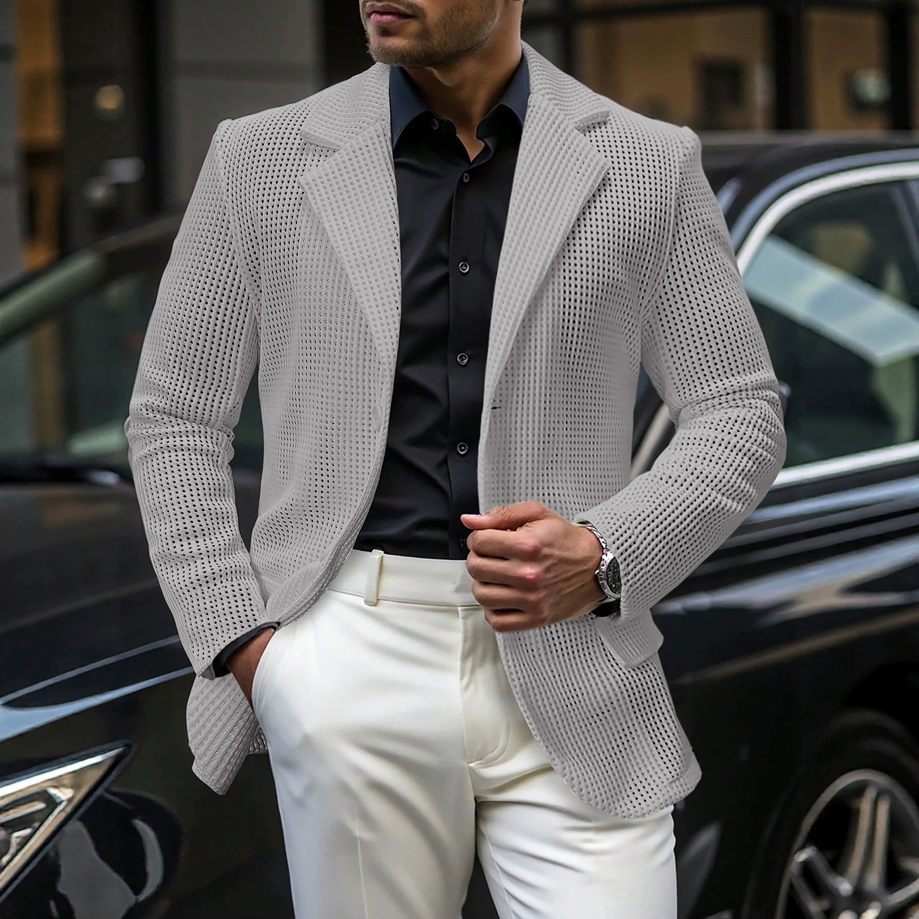 Blazer d'été pour homme en maille fine, ample et respirant, tricoté, à simple boutonnage, léger, décontracté, vêtement d'extérieur