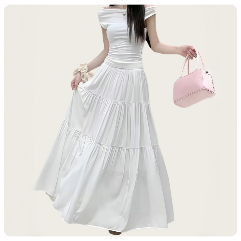 Jupe mi-longue blanche à volants, taille haute et ceinture élastique, style décontracté coréen pour femmes, printemps-été
