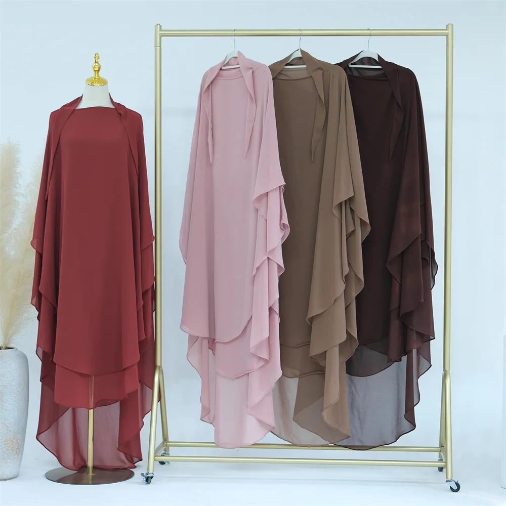 Robe en mousseline de soie à deux couches pour femmes musulmanes, vêtements islamiques extra longs, tiens imar Niqab, Eid Ramadan, vêtement de prière, robe aérienne Abaya, caftan