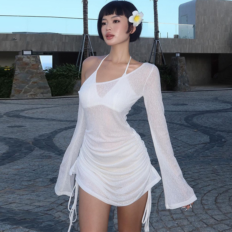 Robe de plage sexy à découpes transparentes et col asymétrique, cache-maillot de bain pour femme, idéale pour la plage et les maillots de bain bikini