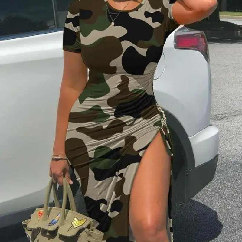 Robe à la mode pour femmes, imprimé Camouflage, cordon de serrage, fente haute, décontractée, col rond, jupe mi-longue froncée, slim, été, 2024