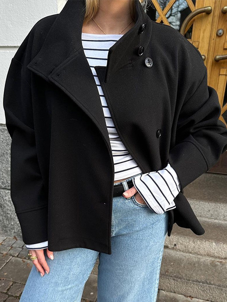Veste en laine à col montant pour femme, manteau court, manches longues, simple boutonnage, dame de bureau, rue, hiver, nouvelle mode, 2024