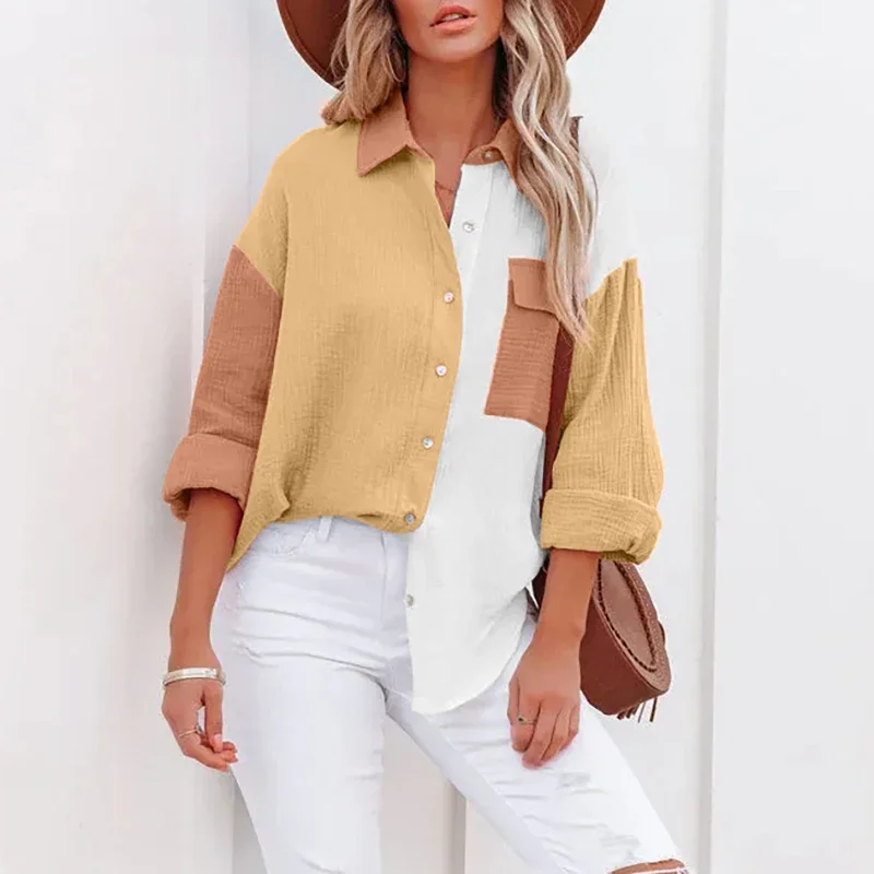 Personnalisé mode femmes nouvelle chemise Patchwork élégant trajet contraste revers boutons Cardigan Streetwear dames Blouses décontractées