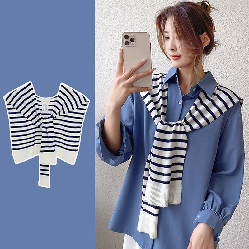 Châle à rayures coréennes pour femmes, chemisier d'hiver chaud, faux col, cape nouée, écharpe à rayures