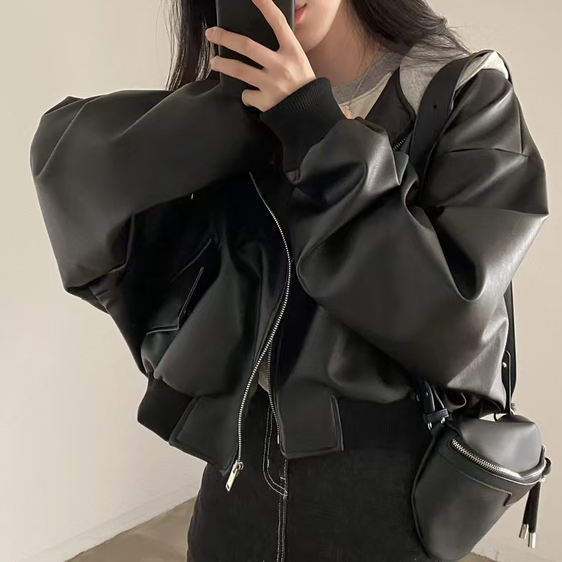 Veste à capuche noire pour femme, mode coréenne, manteau en cuir Harajuku, bombardier esthétique, streetwear
