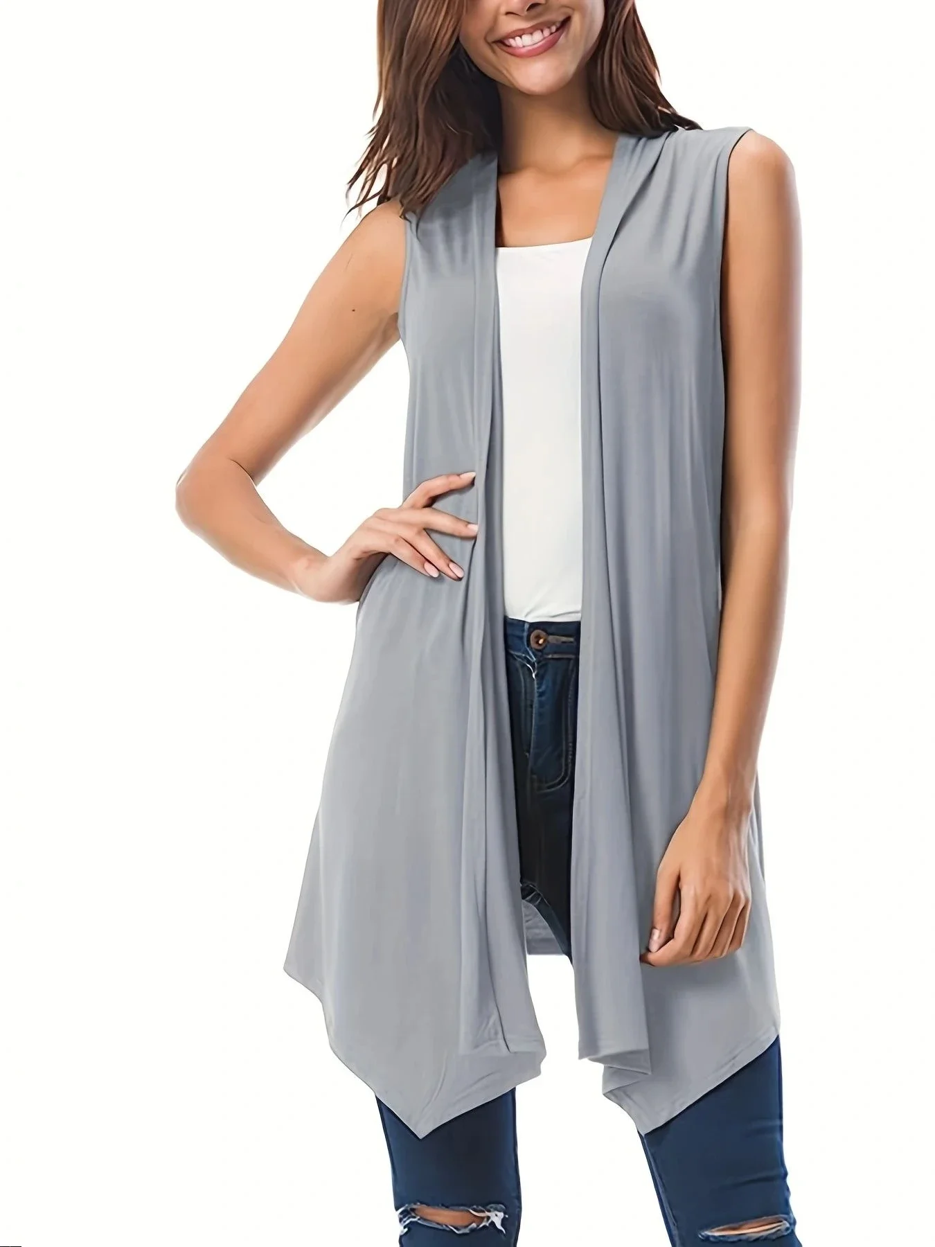 Cardigan sans manches pour femmes, grande taille 1XL-5XL, couleur unie, ourlet, polyvalent, décontracté, Simple, à la mode