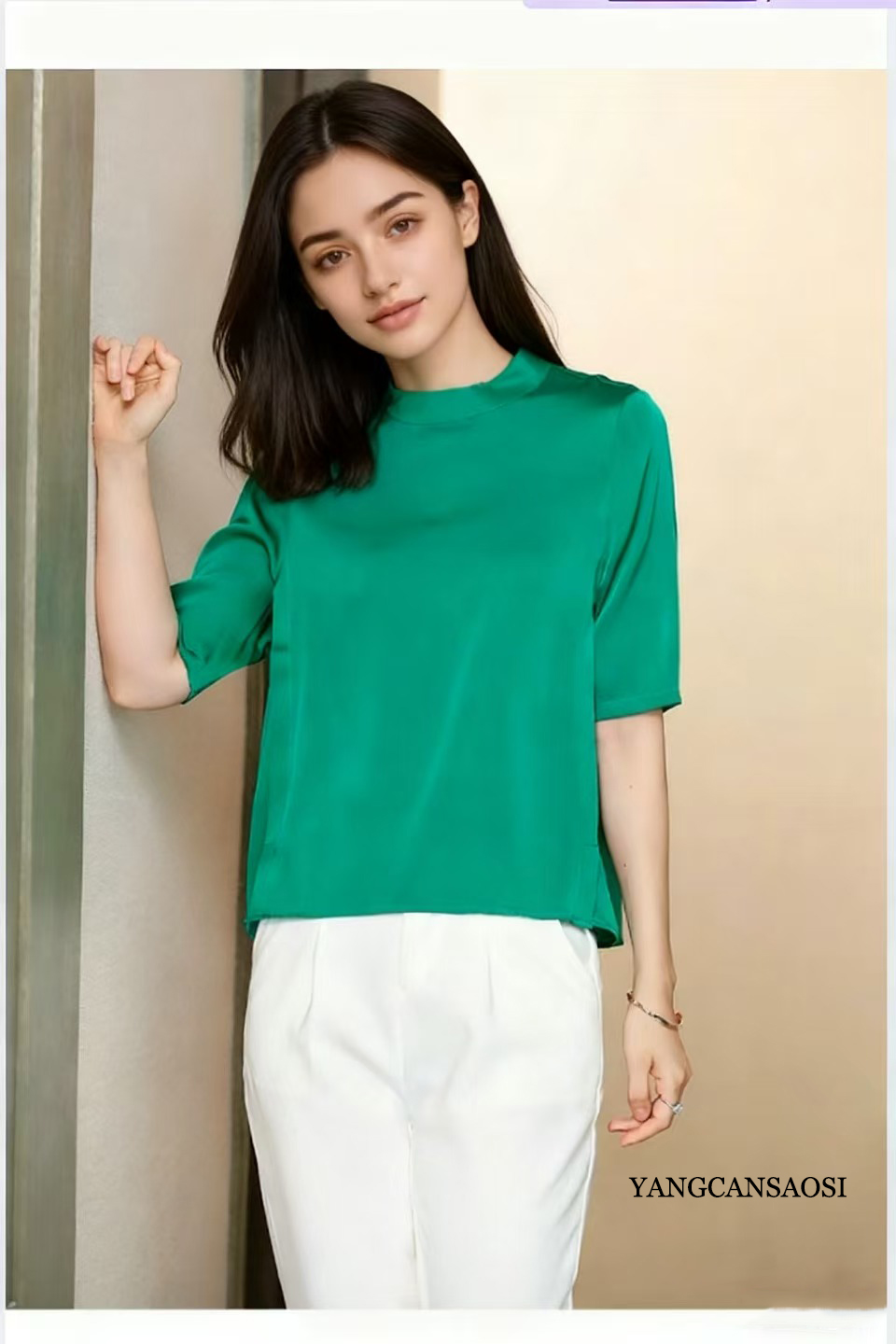 T-shirt à manches mi-longues en Satin élastique pour femmes, vêtements à la mode, haut de gamme, lourd, 91.4% soie de mûrier naturelle, couleur unie