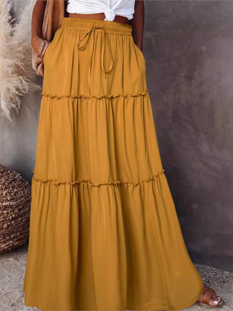 Jupe longue à volants pour femmes, nouvelle collection printemps-automne, couleur unie, à la mode, plus lente, superposée, taille haute, élastique