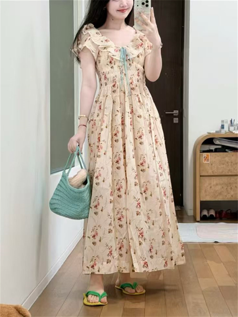 Robe longue plissée à imprimé floral pour femme, col à volants, manches volantées, taille élastique, 100 % coton, idéale pour les vacances