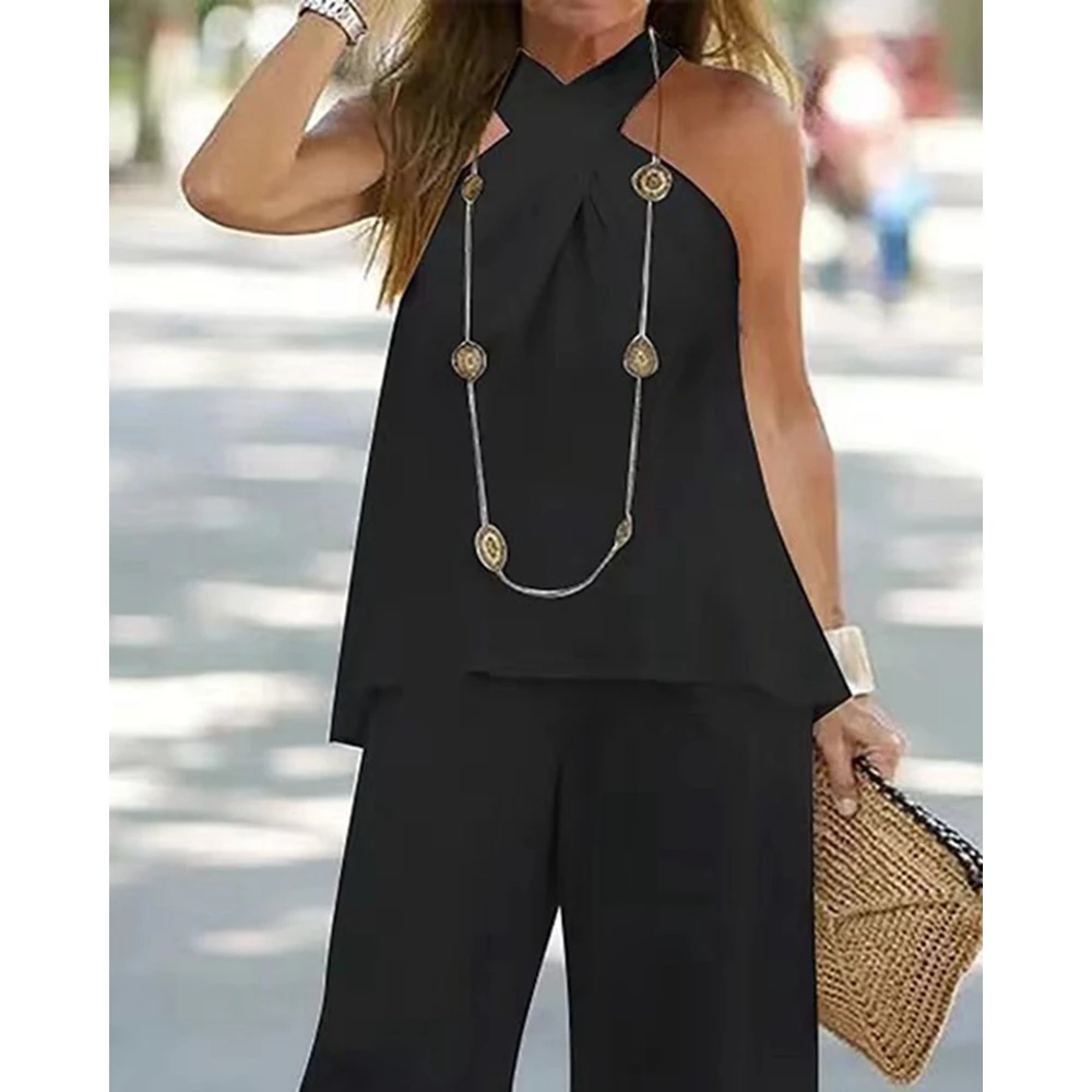Ensemble deux pièces pour femme, haut à col en fibre de V et pantalon taille haute, tenue décontractée, survêtement à la mode
