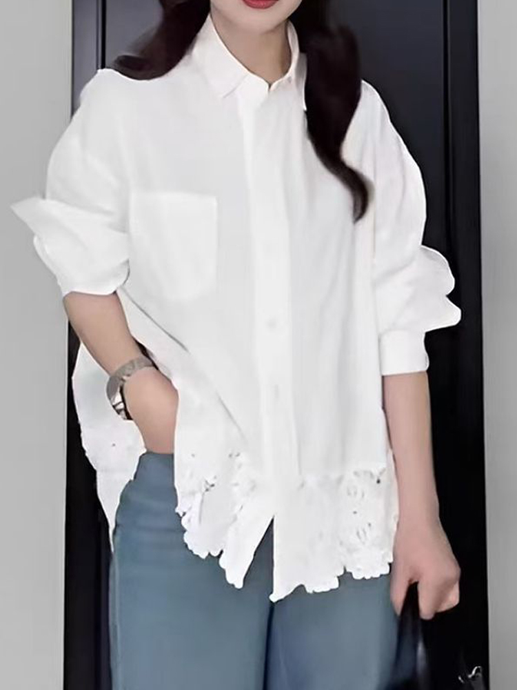 Chemisier blanc à manches longues pour femme, nouvelle collection été 2026, coupe oversize avec ourlet en dentelle, style coréen, décontracté, pour le bureau ou le travail