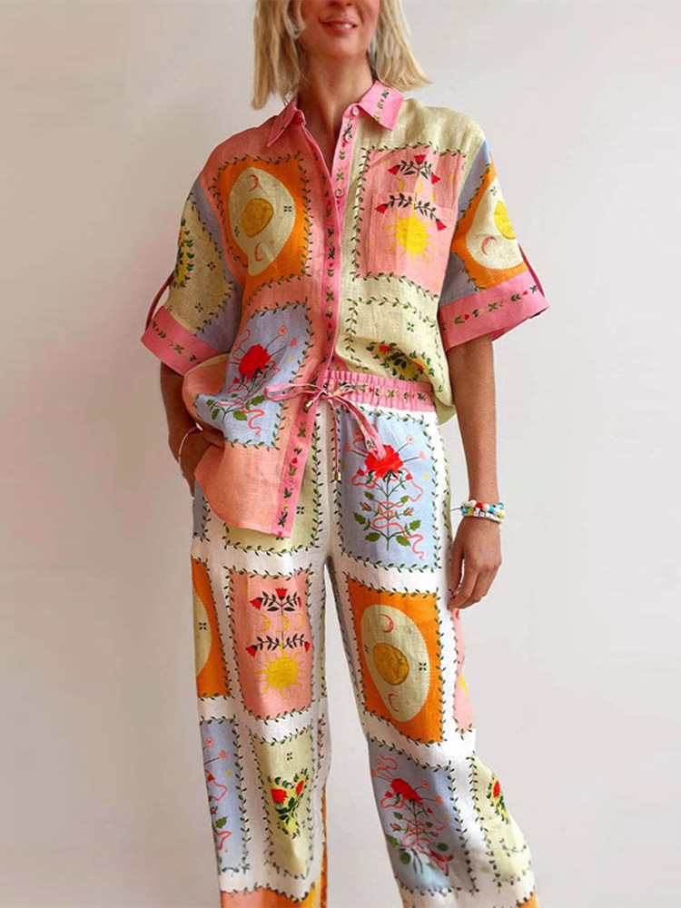 Mode col rabattu imprimé haut pantalon costume femmes à manches courtes simple boutonnage haut à lacets pantalon ensemble dame été Chic ensembles