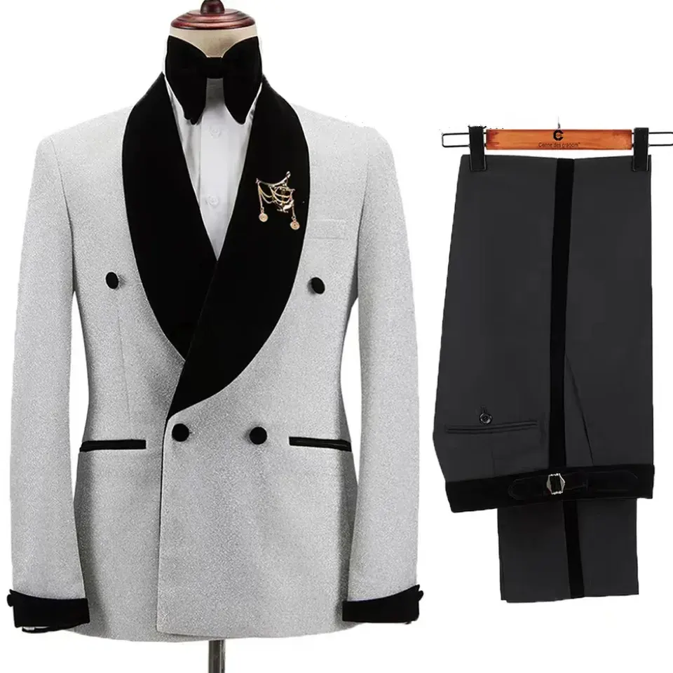 Costumes 2 pièces pour hommes, veste brillante avec pantalon noir, col châle en velours, smokings de marié de mariage, olympiques habnommée à double boutonnage