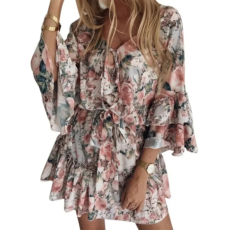 Femmes Boho robes été 2022 Sexy col en V imprimé fleuri Boho Robe de plage à volants à manches longues une ligne Mini Robe portefeuille Robe d'été