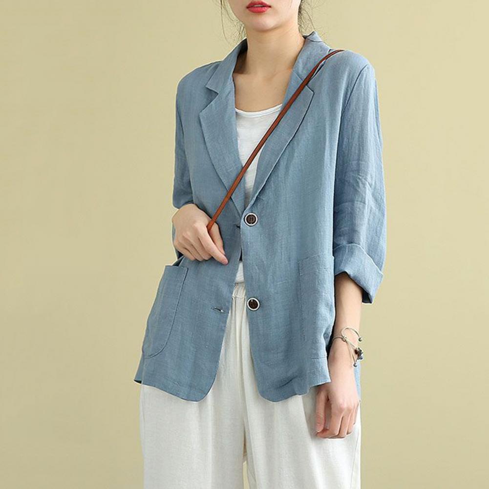 Manteau d'été en coton et lin pour femme, blazer vintage à manches longues, veste décontractée à revers avec poches