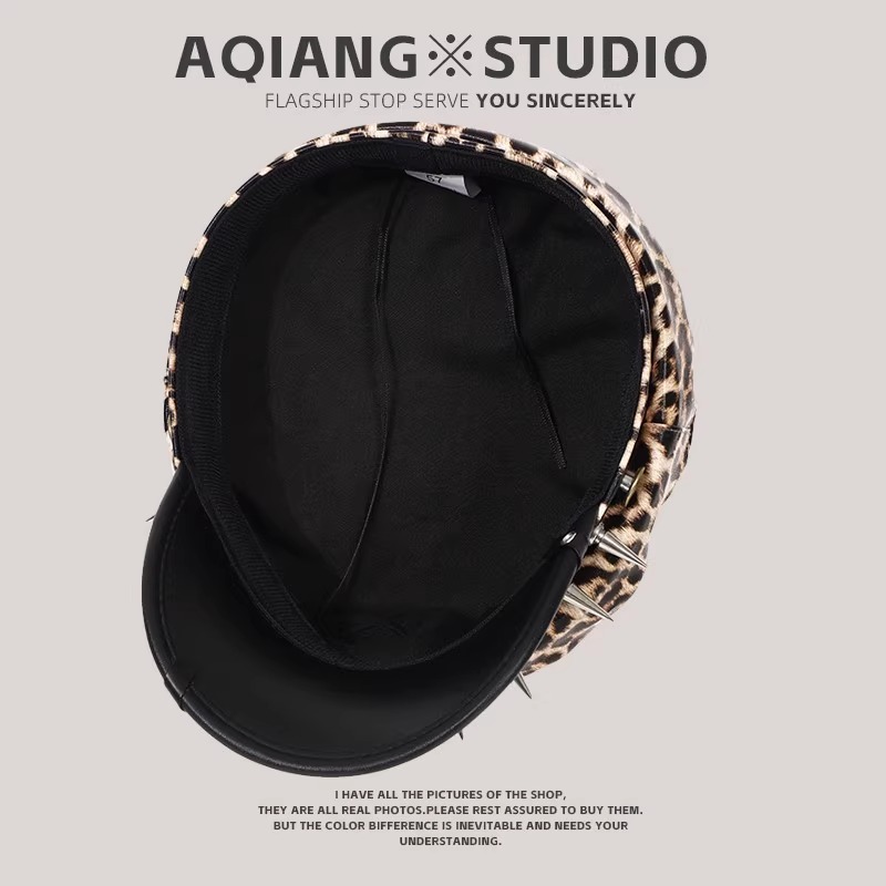 Casquette de gavroche punk pour femme en cuir PU, motif léopard, style gothique, Y2K, avec rivets et chaînes, style militaire, streetwear Harajuku