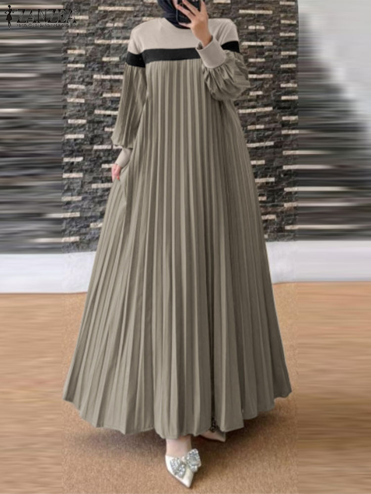 ZANZEA-Robe d'été à manches longues lanterne pour femmes musulmanes, Abaya de Turquie, Robe islamique de Dubaï, Patchwork élégant, Robe plissée éducative, Automne