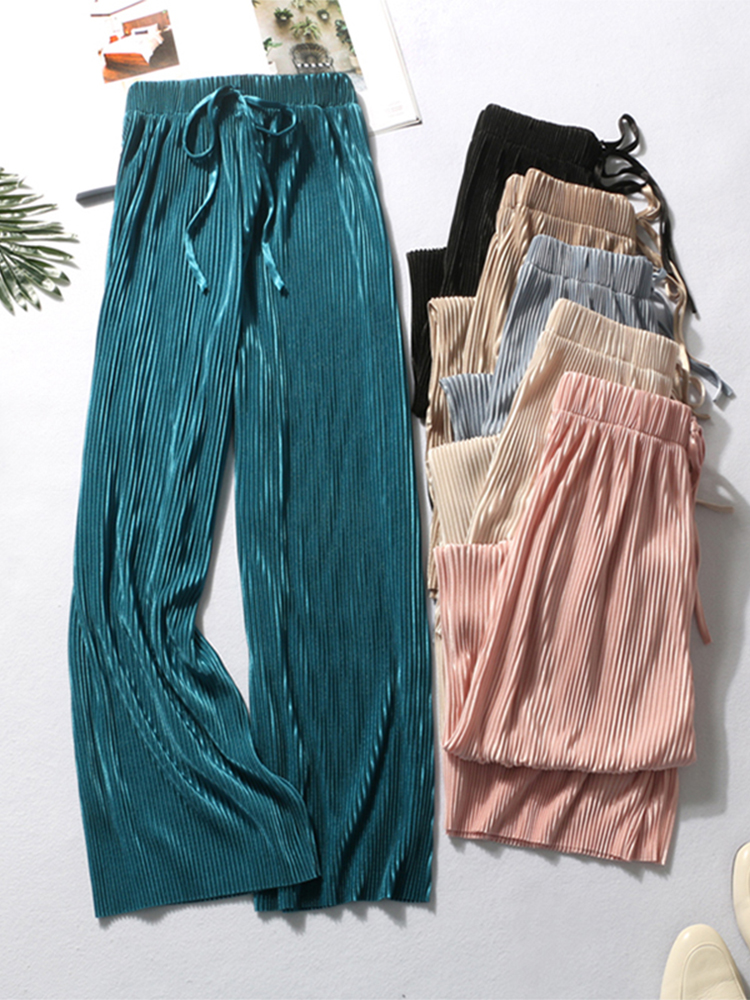 Pantalon d'été à jambes larges pour femmes, décontracté, élastique, taille haute, nouvelle mode, adt, long, plissé, fjFemme, 2020
