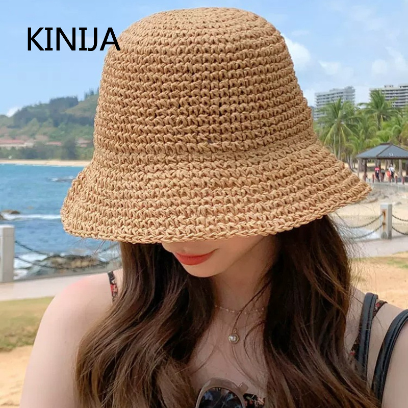 Chapeau de paille de plage pour femme, chapeau bob d'été, chapeau de pêcheur, chapeau Panama tissé à la main, chapeau de soleil pour fille, accessoire de pêche