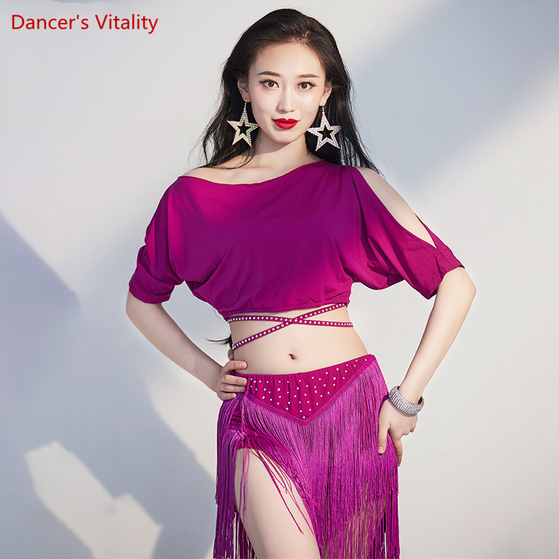 Costume d'entraînement de danse du ventre pour femmes, haut à manches courtes + jupe à franges, costume de spectacle de danse du ventre, tenue orientale féminine