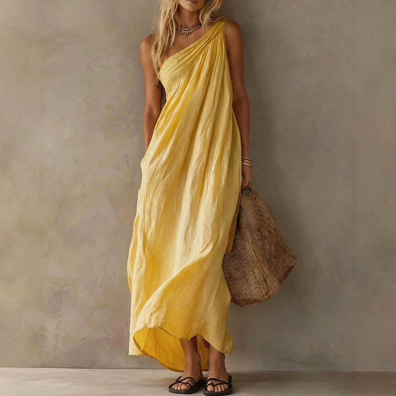 Robe longue drapée asymétrique pour femme, style bohème uni, sans manches, coupe ample, ligne A, élégante, pour la plage et les vacances