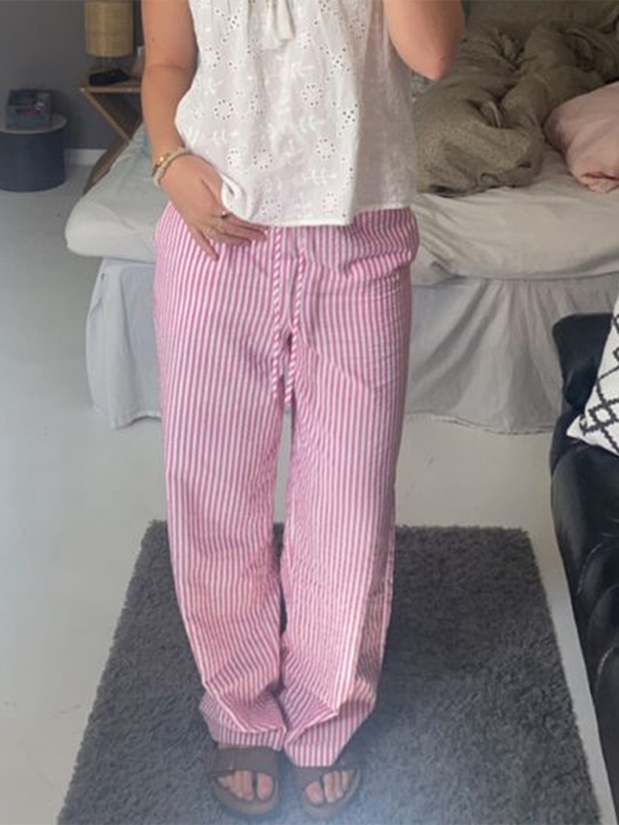 Pantalon décontracté à imprimé rayé pour femme, taille élastique, pantalon droit avec poches, bas de sommeil, vêtements de maison coréens