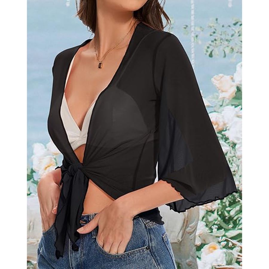 Combhasaki Cardigan court pour femme, boléro transparent à nouer sur le devant, haut à manches 3/4, veste courte, cache-maillot de bain, tenue de plage