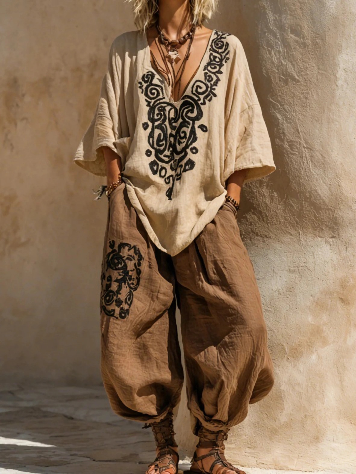 Tenue bohème 3 pièces pour femme, cardigan kimono long à devant ouvert tie-dye, chemisier imprimé à col en V et pantalon de jogging harem, ensemble décontracté ample