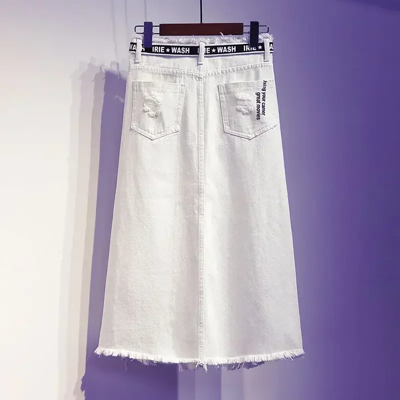 Jupe longue en denim blanc pour femme, surdimensionnée, grande taille, lettre imprimée, style coréen, mode, nouveau, 2025