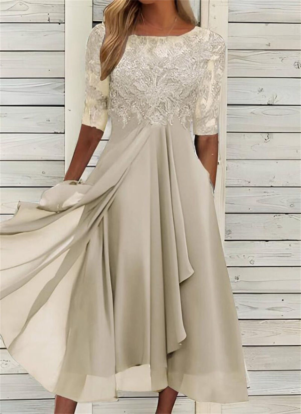 Robes élégantes pour la mère de la mariée, en dentelle avec appliques, manches 3/4, en mousseline fluide, robe mi-longue, pour invitées de mariage, soirée, cocktail