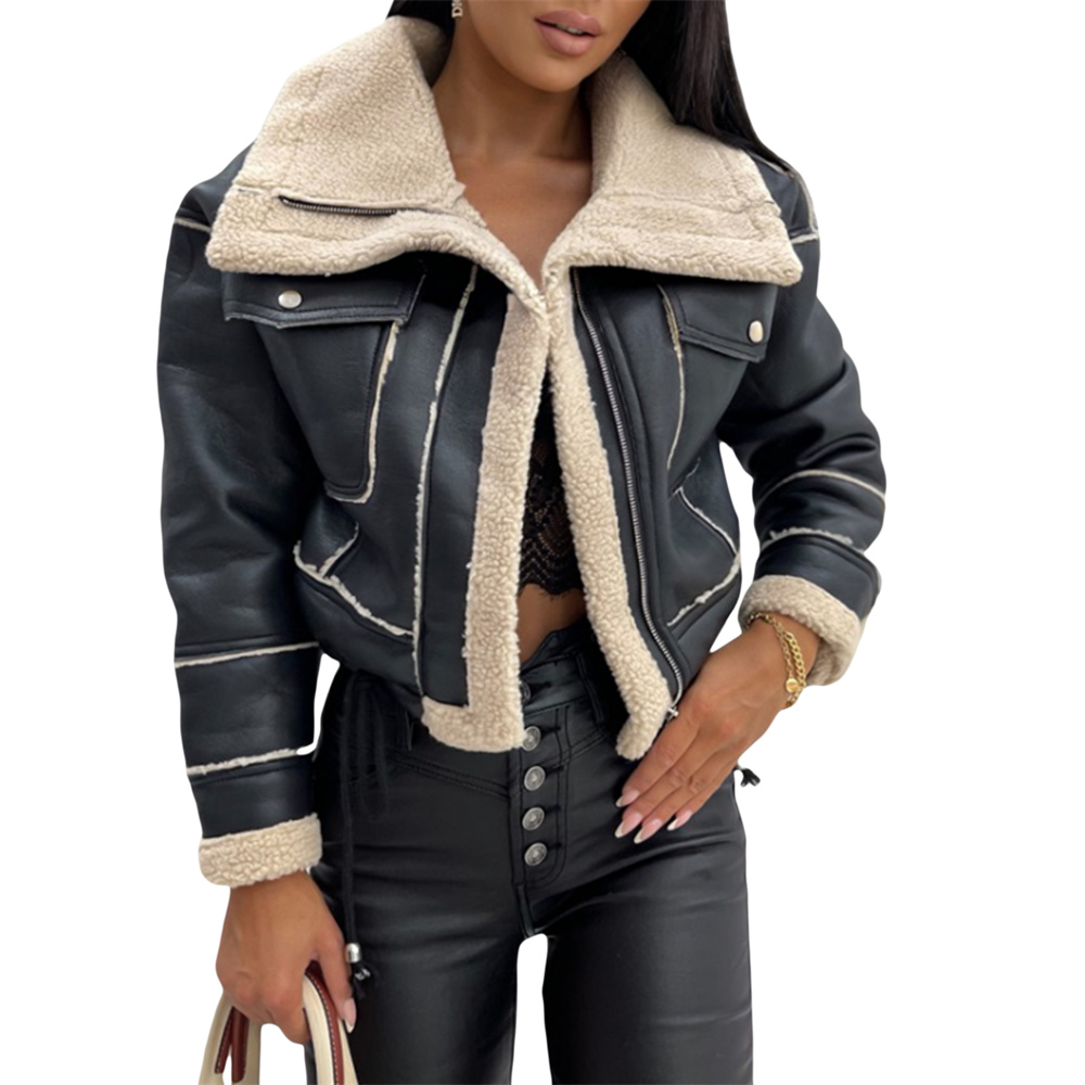 Veste en peluche patchwork PU pour femme, manches longues, fermeture éclair, combinaison courte, streetwear chaud avec poches, vêtements d'extérieur à la mode, hiver