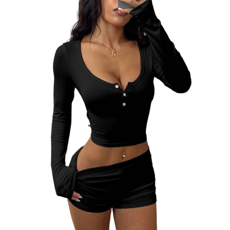 Ensemble de sport sexy pour femmes, style slim, couleur unie, vêtements tendance, t-shirt en tricot à manches longues, short, ensemble deux pièces