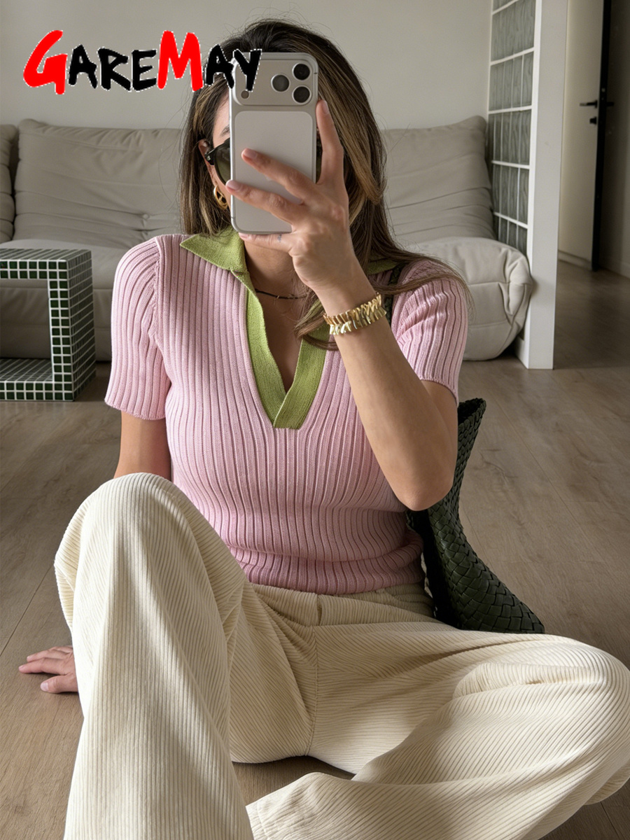 T-shirt élégant en tricot pour femme, jaune, manches courtes, style polo, 100% coton, haut d'été pour femme, Y2k, rose basique, t-shirt pour femme