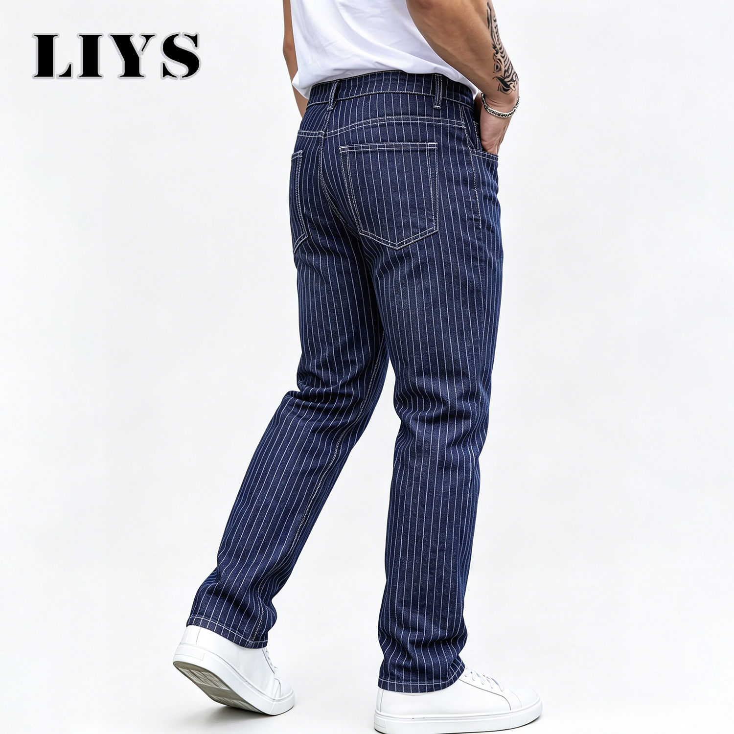 Jean slim jacquard rayé bleu et blanc LIYS, coupe droite élastique, style décontracté chic pour le bureau et les trajets quotidiens ﻿