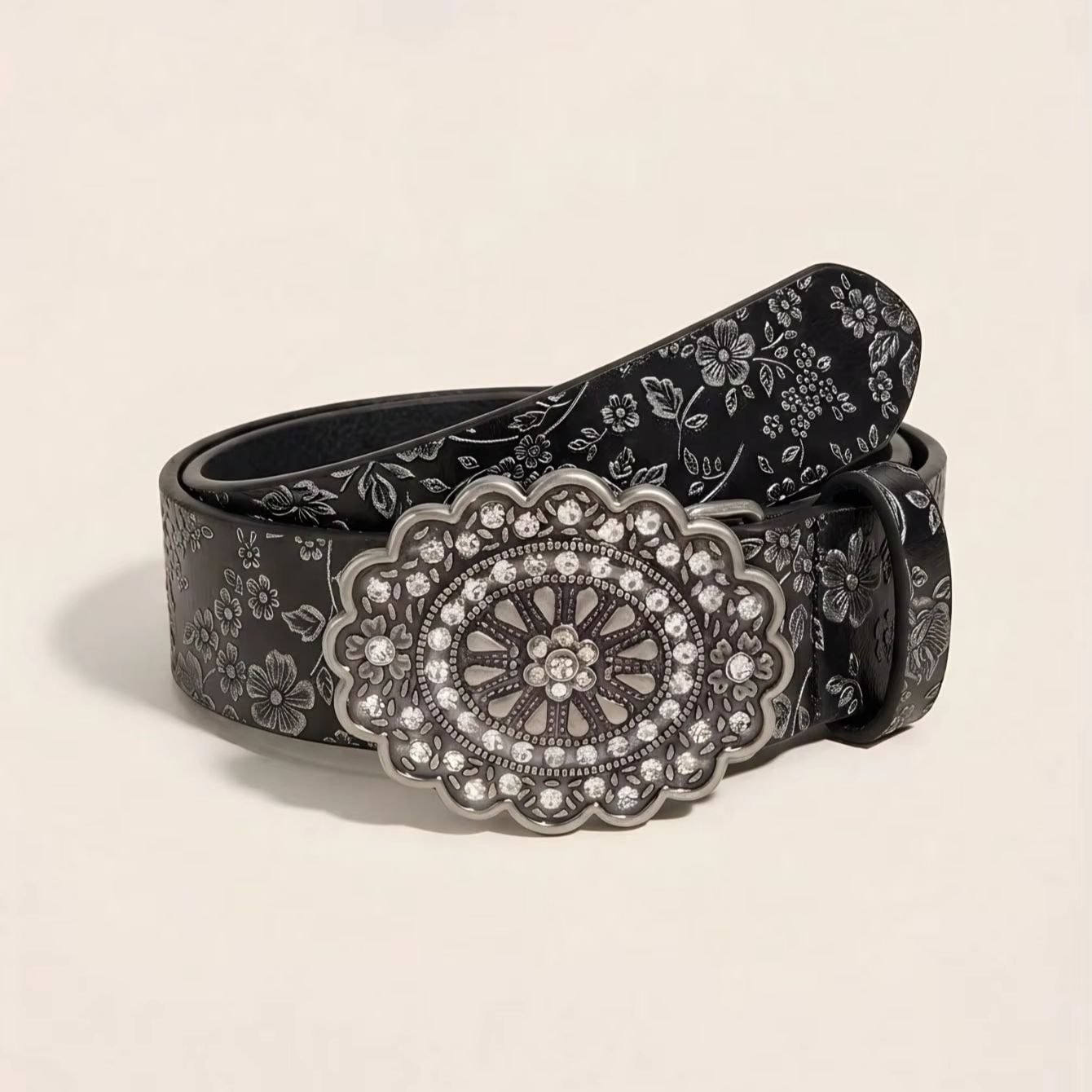 Ceinture à fleurs noires en relief de style bohème pour femmes, ceinture vintage polyvalente de style denim, adaptée aux occasions décontractées, 1 pièce