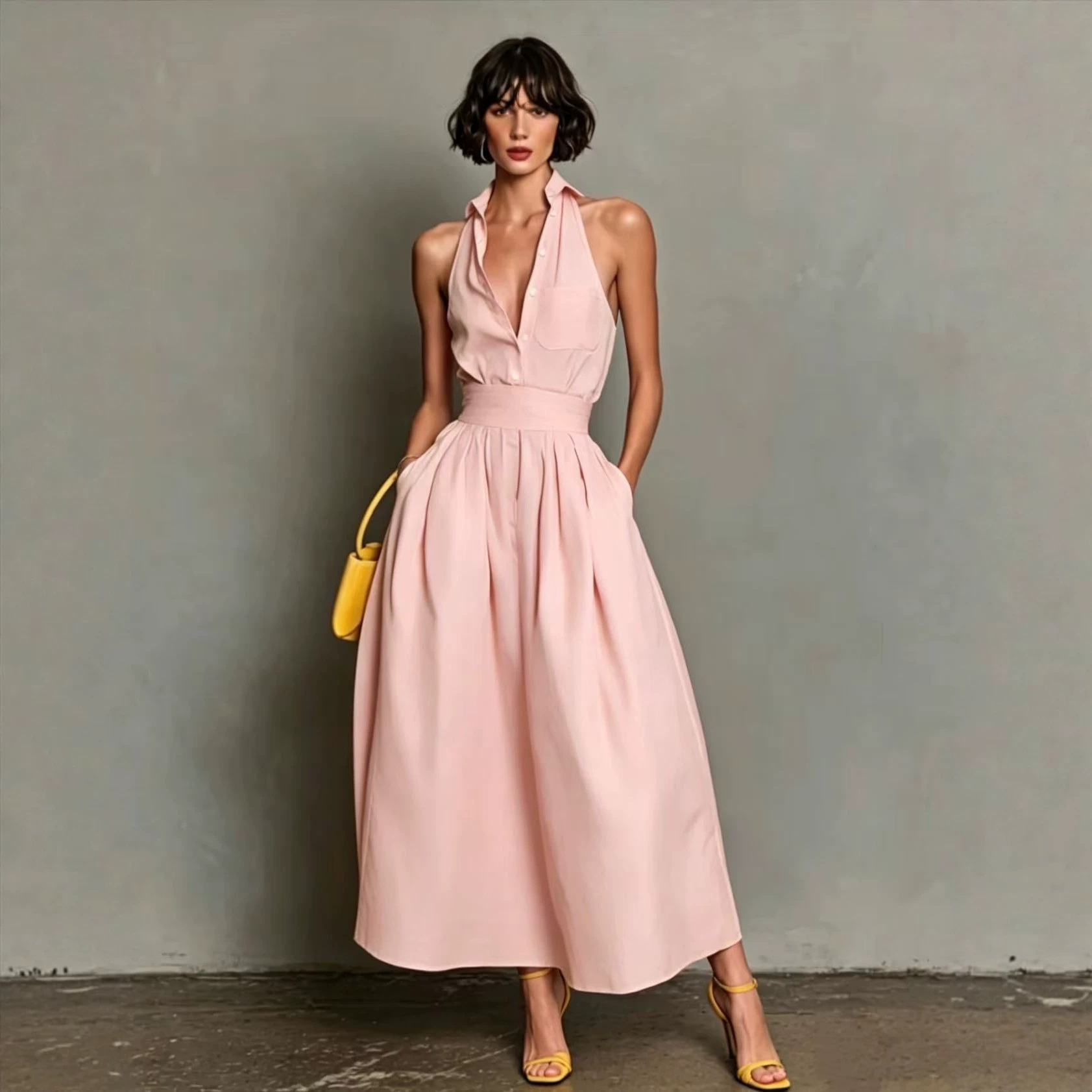 Robe chemise sans manches pour femme, couleur unie, boutonnée, mini, sexy, printemps-été