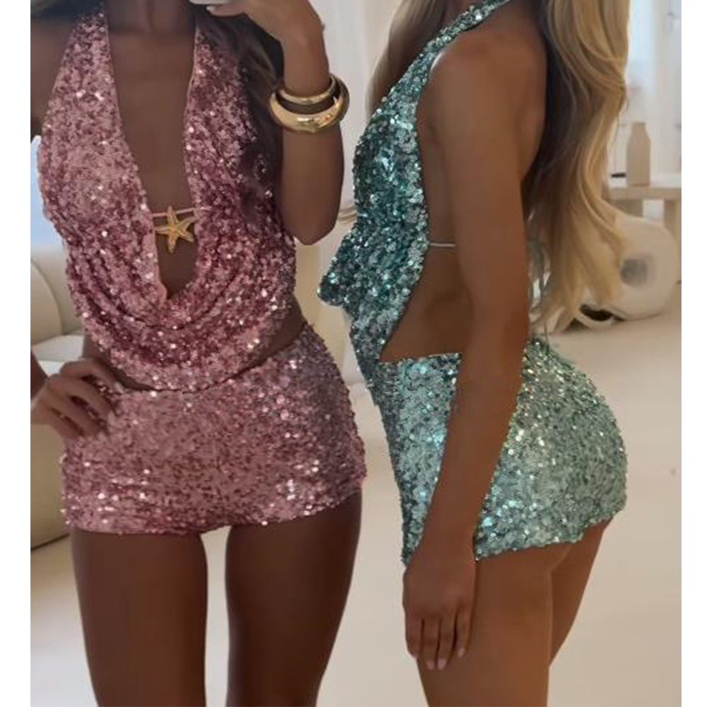 Débardeur Sexy à paillettes pour femmes, col en v, col licou, Mini short, costumes Sexy pour dames, dos nu, Coquette brillante, tenues de fête en Club