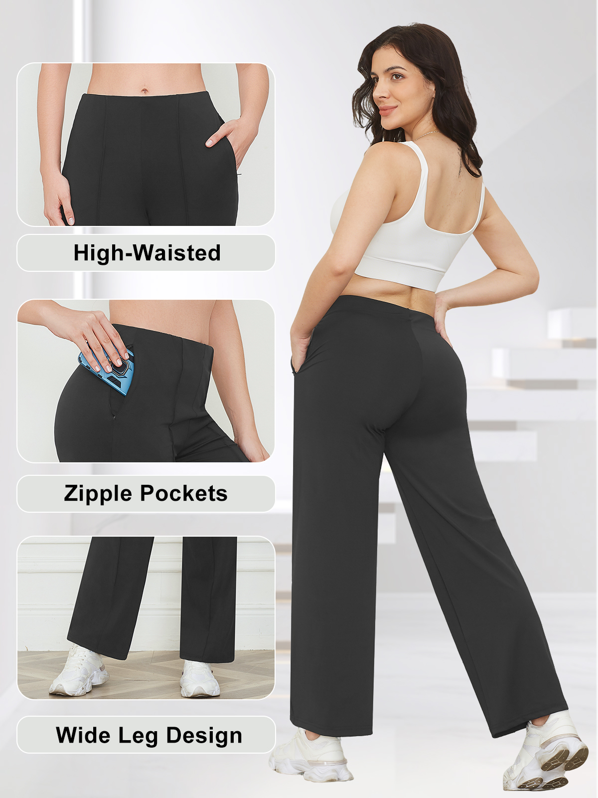 Pantalons à jambes larges pour femmes, pantalons de yoga taille haute avec poches, pantalons décontractés extensibles