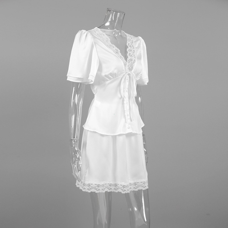 Ensemble 2 Pièces en Satin et Dentelle pour Femme, Col V, Manches Courtes, Haut à Lacets et Mini-Jupe, Nouvelle Collection 2026, Tenue de Soirée et de Vacances