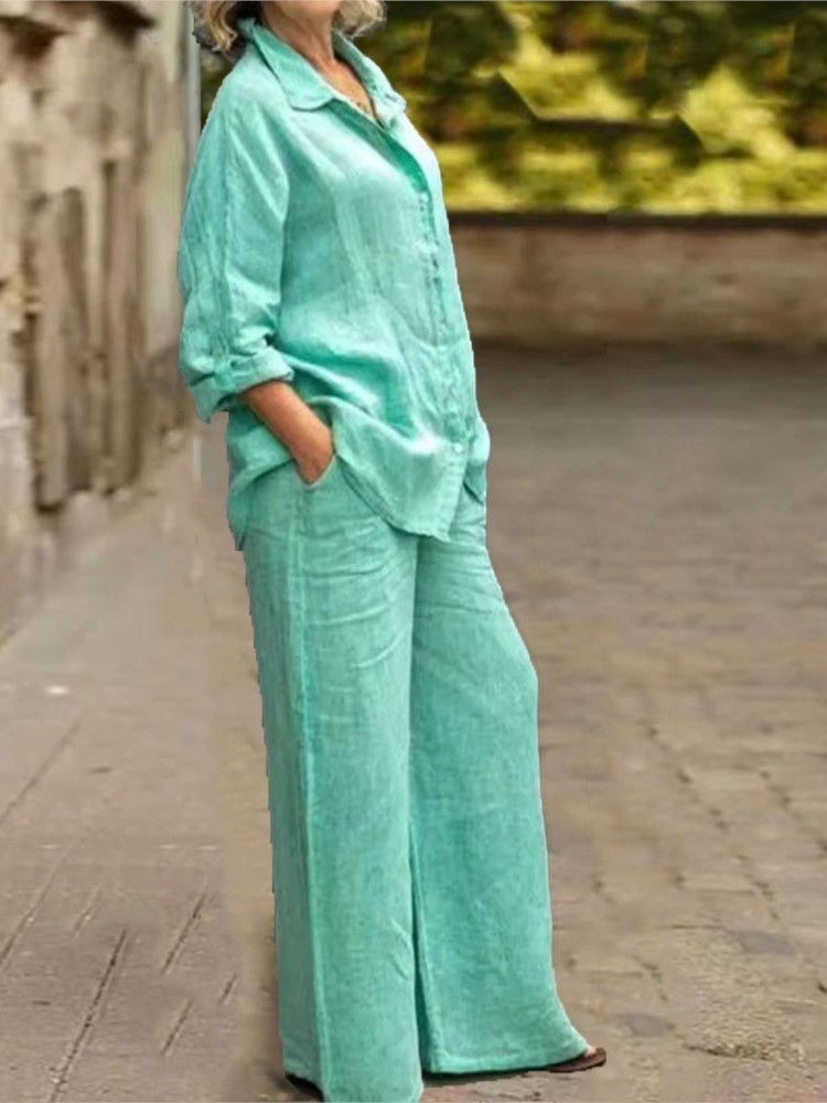 Ensemble 2 pièces en coton et lin pour femmes, chemise à manches longues, jambe large, mode féminine, bureau, printemps, automne