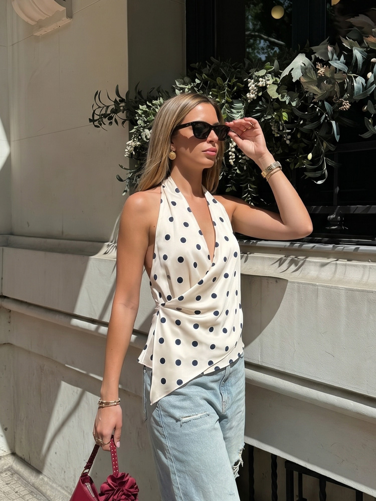 HH Hauts Halter Femme Tendance, en Satin Élégant, à Ourlet Asymétrique Drapé, Sans Manches, Style Gilet d'Été, Décontracté pour Soirée, à Pois