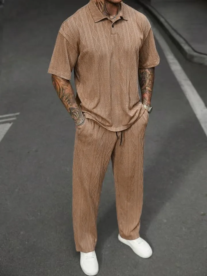 Ensemble 2 pièces tricoté pour hommes, nouvelle mode décontractée, tendance, couleur unie, manches courtes, col rabattu, T-shirts, pantalon droit ample