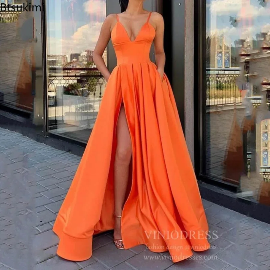 Robe longue de soirée élégante pour femme 2026, fendue sur le côté, en satin, sans manches, à bretelles, coupe trapèze, sexy, pour mariage et banquet