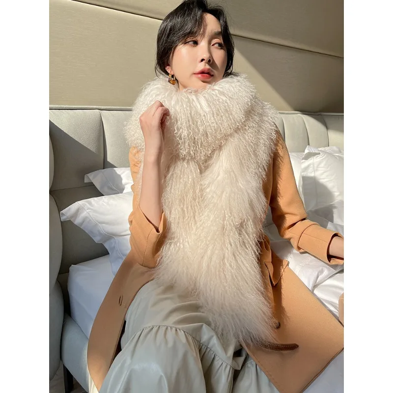 Écharpe en vraie fourrure de mongolie pour femme, épaisse, longue et chaude, en fourrure du Tibet, moelleuse, de luxe, à la mode, hiver 2023