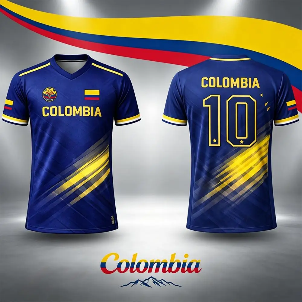 Maillot de football respirant à manches courtes imprimé en 3D avec drapeau de la Colombie, pour sports d'été en plein air, haut d'entraînement unisexe décontracté à col en V
