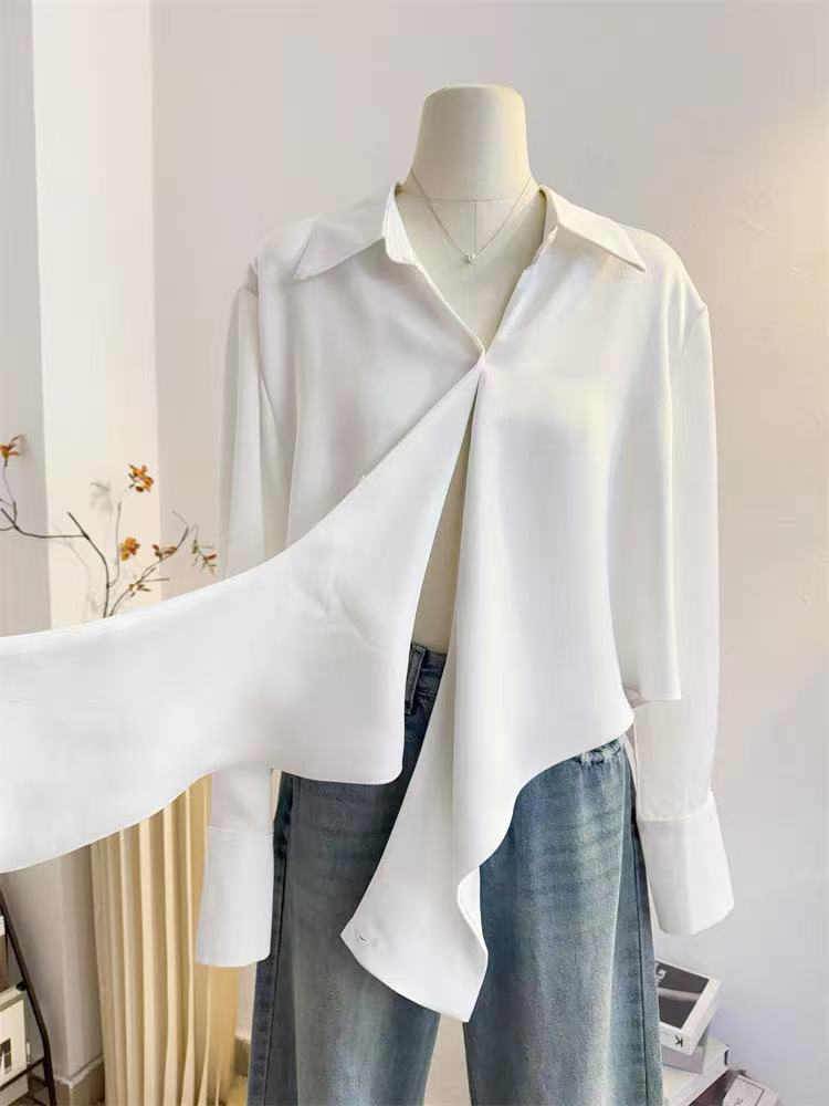 Coréen Chic croix femmes chemises blanches élégant un bouton à manches longues en mousseline de soie hauts Harajuku asymétrie tout Match revers Blouse Mujer