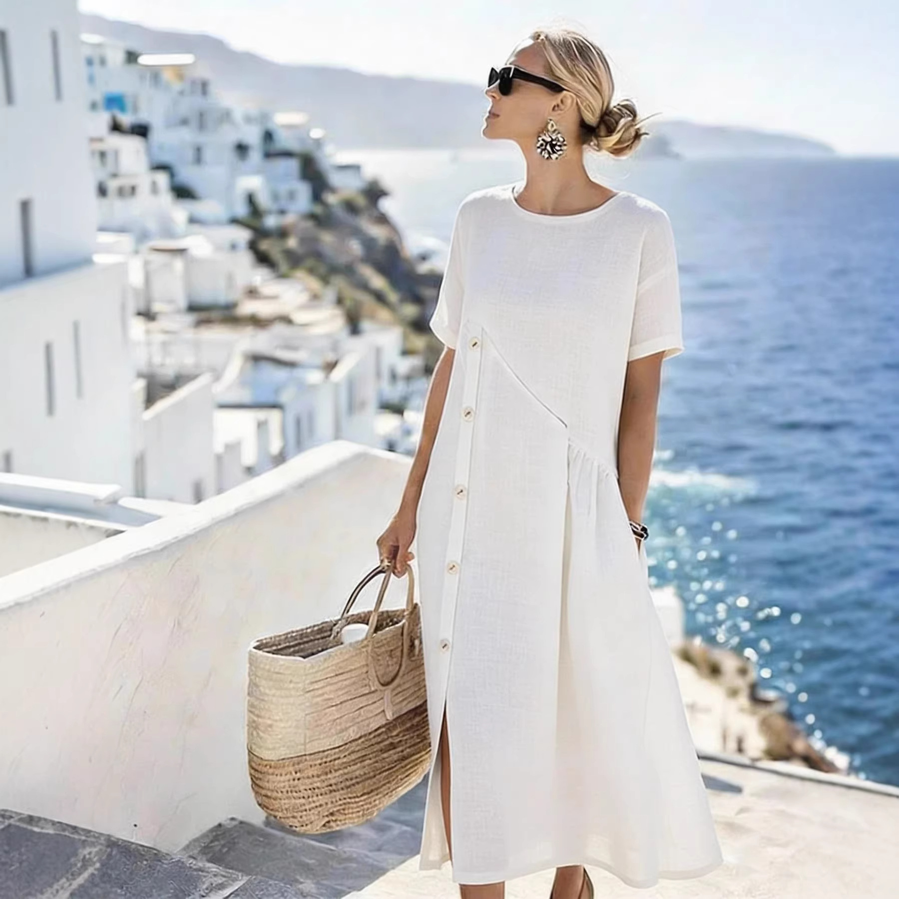 Robes pour femmes 2026 Nouveauté décontractée avec boutons décoratifs, poches pliables, col rond, couleur unie, robes longues, vêtements pour femmes, vestidos